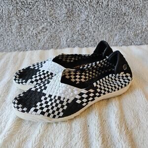 Bernie Mev Women's Rigged Fly‎ Woven Shoes Sz 10 EU 40 Black White Loafers Flats